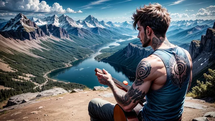 a man playing a guitar , on a mountain top, tattooed , wearing casual outfit, lake and mountains in front, blue sky , clouds , from the back , HD ,UHD , 8k ultra resolution