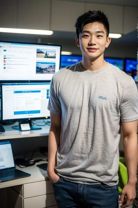 ((realistic daylight)) , Young Korean man in only a black sports shirt, no stripes, and jeans., A handsome, muscular young Asian man looks at the camera.  , In a computer shop ,turn sideways, smile