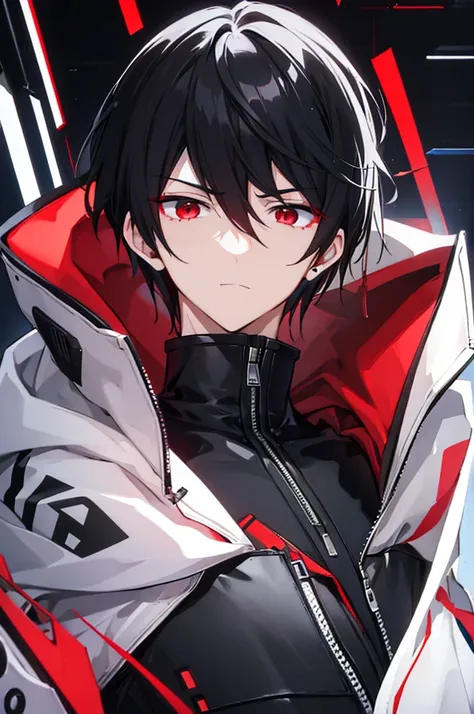 portrait, male, beauty, black hair, red eyes, cyberpunk, black hoodie, white coat, relaxed, no red in clothes, no ear decoration