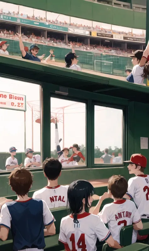 Five people celebrating a point scored at a baseball stadium