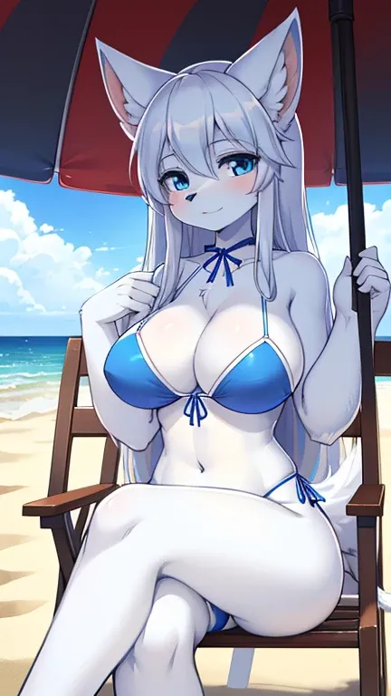 best quality, best resolution, (fluffy anthro furry), arctic fox girl, silver hair, blue eyes, (white fur), long straight hair, fox ears, big breast, sophisticated manner, (royal blue bikini), sitting on beach chair, legs crossed, sipping on lemonade, left...