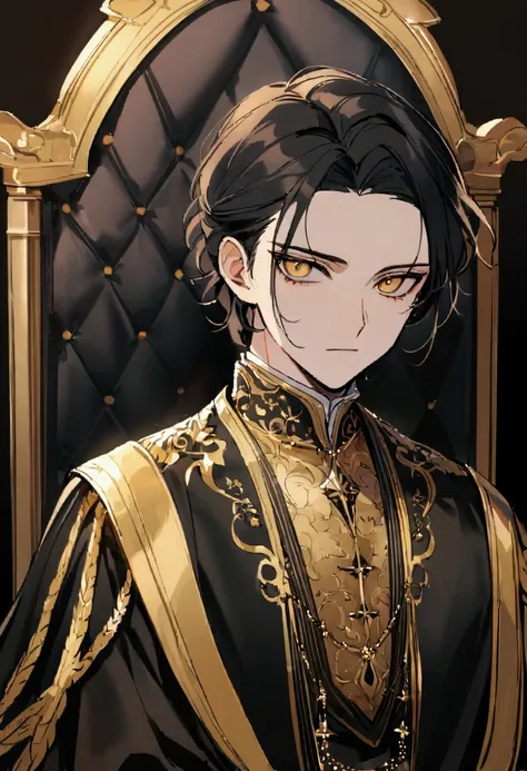 The Emperor was still very young, a teenager with a cold and intimidating gaze, very handsome and charming, dressed in elegant black and gold clothes, sitting with dignity and a cold gaze. 