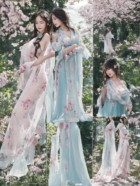 Loose Hanfu One Shoulder.、How to Wear a Hanfu Jumpsuit with a Damaged Cowl Collar、decorated with intricate patterns and bright colors、Transparent Material，Leave your skin glowing、Artistic depiction of a woman wearing transparent Hanfu leather made from wet...