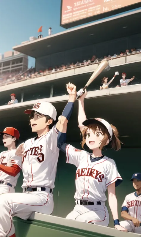 Five people celebrating a point scored at a baseball stadium