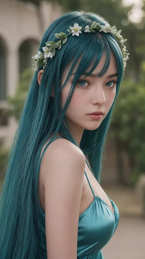 A girl. Face sends feeling. Europe. Oval face. long face. Delicate facial features. seductive seductive. Beautiful detailed eyes. blue eyes. long straight hair. green hair. wreath on head. Sad. shy. Blue silk nightgown. tư thế ngồi shy. straight face. out ...