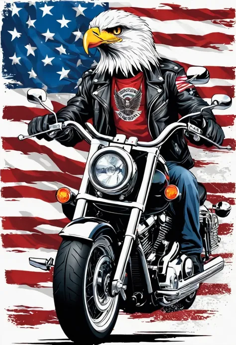 t-shirt designs, create a menacing white t-shirt with a full harley motorcycle, background with american flag and a small eagle ...