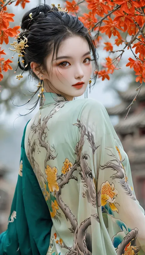 Chinese Beauty, Charming temperament, floating long dress, Clear face, beautiful eyes, Around osmanthus flowers, A masterpiece of perfect body structure proportions, Very detailed, Epic creation, Color Tattoo Art, Neo-Traditional Tattoo Art, SD tattoo desi...