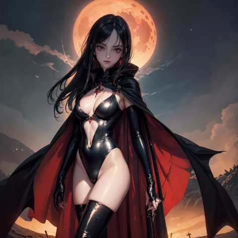 best quality, 4K, high resolution, masterpiece:1.2, Very detailed, actual:1.37, Mood lighting, Girl in a long cape, Wearing a reflective latex one-piece swimsuit and a pair of knee-high stockings, Exposes the navel, Aloofness emotion, Dangerous sneer, Beau...