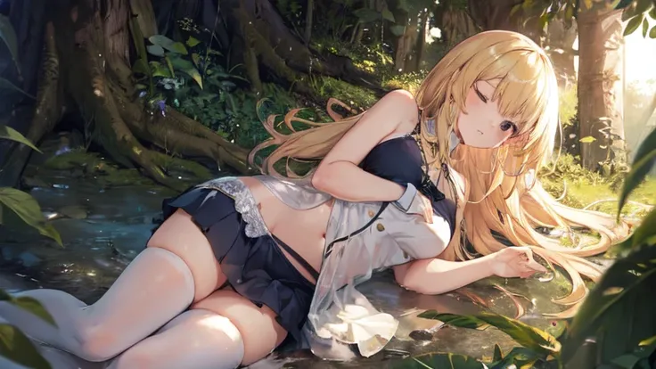 super high quality, Super detailed, Ultra-clear, In the forest, one person, long blonde hair, sleep, Swimsuit, Clothes with intricate details, mini skirt, Stockings