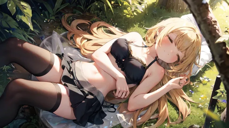 super high quality, Super detailed, Ultra-clear, In the forest, one person, long blonde hair, sleep, Swimsuit, Clothes with intricate details, mini skirt, Stockings