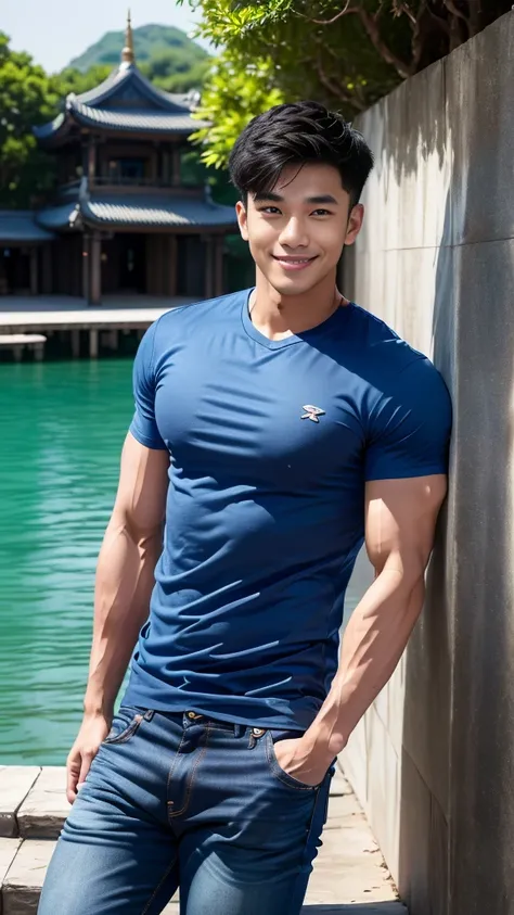 man , Blue t-shirt, jeans, black short hair , outdoor , cute smile , หน้าhandsomeแบบเกาหลีสมจริง , modest muscles , Masterpiece、High resolution、Surreal、detailed face、alone、man、Glowing skin、(Asia)、handsome、tall building background