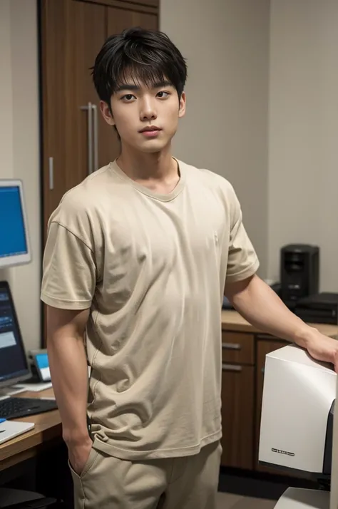 A young Asian man stands, handsome, muscular, looking at the camera. In a plain brown t-shirt, In the computer room