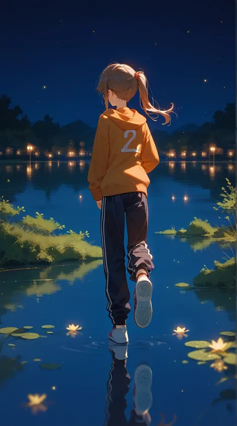 1 Girl，Brown side ponytail，Loose school uniform sweatshirt，trousers，Long sleeve，sports shoes，Vision，Back，Stand on the lake，Reflection，The person is the only light source，Night，Figures occupy the upper half of the picture，run