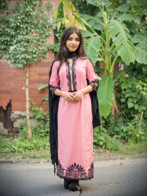 A young woman wearing a pink traditional outfit with black embroidery and a black dupatta stands outdoors against a backdrop of greenery and a brick wall, smiling at the camera.