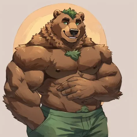 A muscular, caramel brown colored fur anthropomorphic grizzly bear, green eyes, green hair, closed smile, bara bear, high quality furry art.