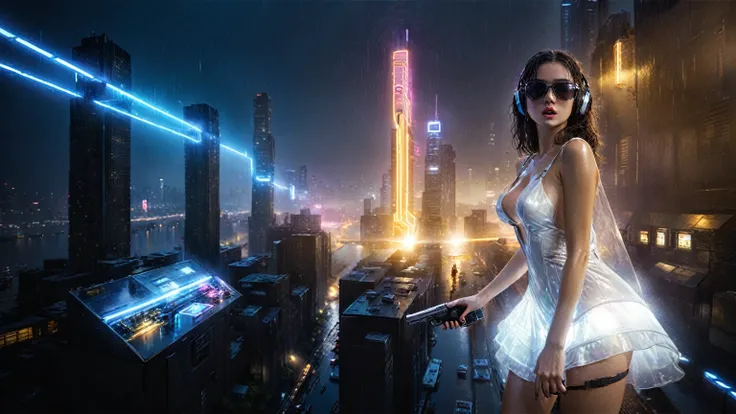 (((aerial view))), (flying cars docking platform), Blade Runner style futuristic city alley, neon lights, rainy night. (1girl, solo, alone), large-breast:1.2 slim body, cleavage:1.1, sexy wind blowing wet dress:1.4, headphone, (black sunglasses), (((she ra...