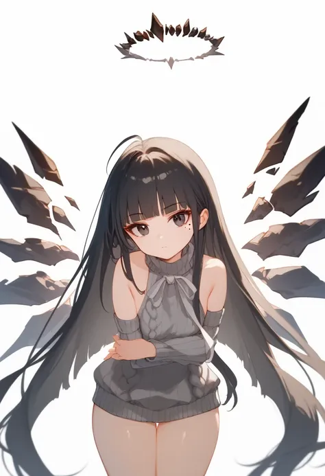 (score_9, score_8_up, score_7_up), 1girl, virtuosabase, cute, (chibi:0.7), black hair, blunt bangs, long hair, broken halo, ener...