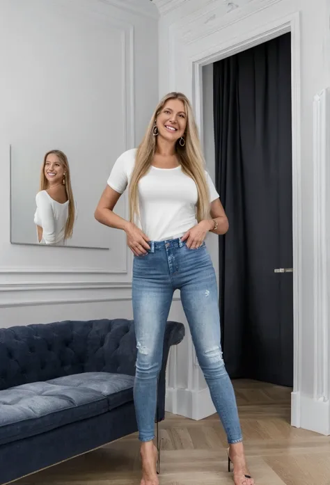 
(8k, RAW photo, best quality, masterpiece:1.2),(realistic, photo-realistic:1.37),photon mapping,professional lighting,radiosity,1woman 60 years old,solo,ash blonde long_hair,(long legs:1.2),(earrings:1.1) smiling, in a frontal position, standing, full bod...