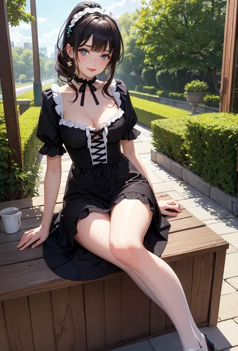 A beautiful girl in a black dress sitting on a wooden platform, anime girl, rose garden, beautiful and sunny day, black lolita dress with lots of ruffles, floral print dress, short sleeve, lolita choker, low-cut chest, big round breasts, white lace thigh-h...