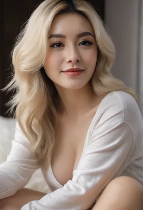 Raw photo, solo female, japonese, best quality, high resolution, photorealistic, hyper detailed, beautiful woman with (long brushed silky blonde hair:1.2), taken (webcam photo angle:1.2,), ((wearing complete top and bottom casual loungewear:1.2)) comfy clo...