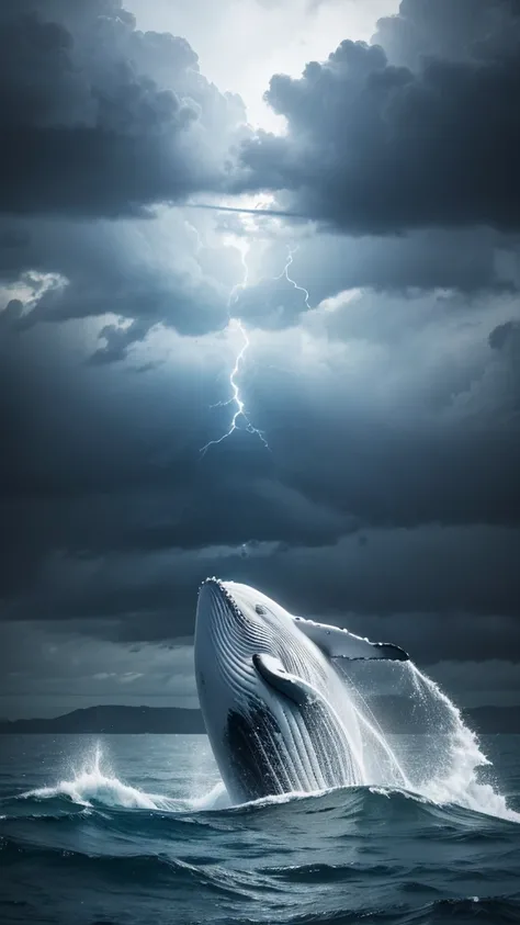 A man with white clothes swim in middle a sea.There is super big whale. Storm everywhere. Dark sky.