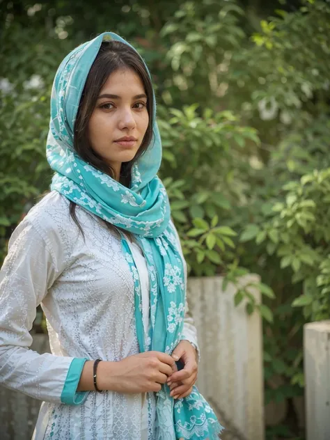 Young woman wearing a turquoise and white embroidered scarf and a white patterned kurta, standing outdoors with greenery in the background.