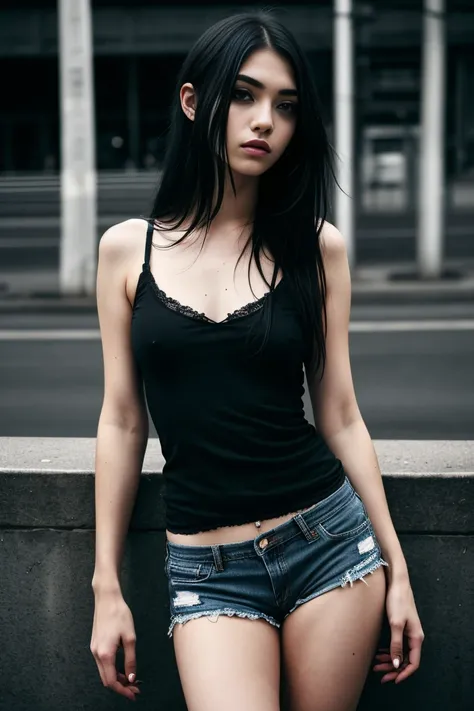 a beautiful 18 year old slim and sexy woman, emo girl, black dress, denim shorts, detailed face, long eyelashes, intricate makeup, moody expression, cinematic composition,  grungy urban environment