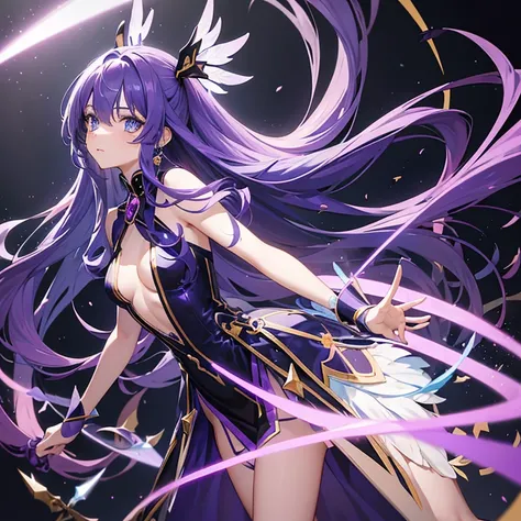 cure slave(magical girl, blue eye, purple hair, long straight hair, blue side line in dark purple dress, gold vertical line in black coat), light blue feather hair pin, broken heart accessory, light purple fling sword, 