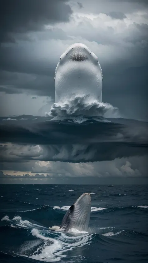 A man with white clothes swim in middle a sea.There is super big whale with mouth open in front of him. Storm everywhere. Dark sky.