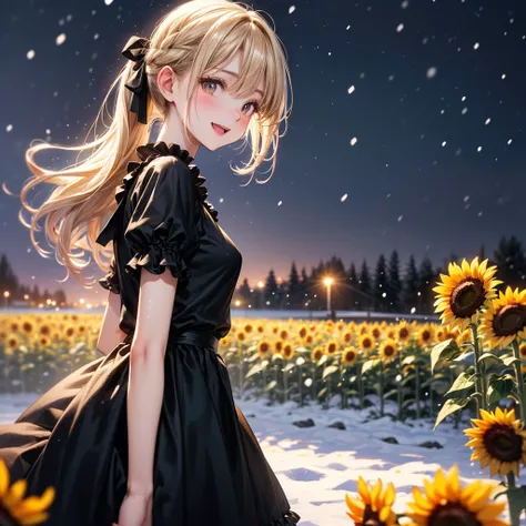 (​master piece),(top-quality:1.2),(perfect anatomy),((1 girl)),((solo)),exquisitedetails,Vibrant colors, Soft tones,(yellow and black dress, Beautiful frills:1.2),beautiful detailed eyes,blonde long hair,ponytail hair,small breasts,(snow and sunflowers),St...