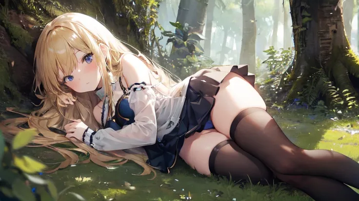 super high quality, Super detailed, Ultra-clear, under forest trees, one person, long blonde hair, sleep, Swimsuit, Clothes with intricate details, mini skirt, Stockings