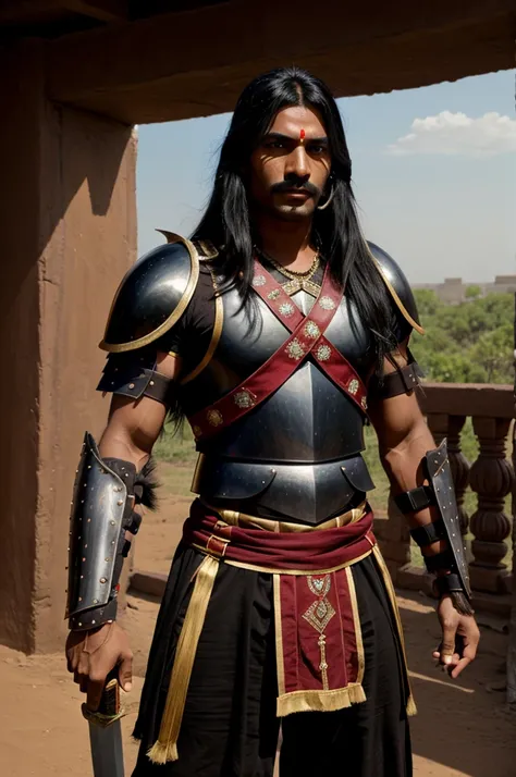 A fierce mascular male rajput warrior , in middle of the battlefield , long black hair , brown face , wearing full upper body armour , tilak on forehead , holding a large wide sword in his hand 