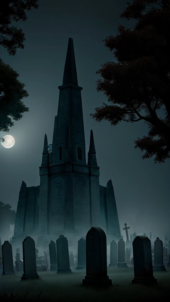  A foggy, moonlit cemetery, old gravestones , with dark shadows, graveyard,night scene,horror,creepy, haunted 