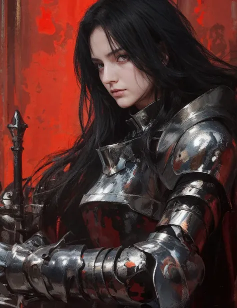 Girl knight with black hair , eye color dark blue. Against the background of the church , Background color: gray.