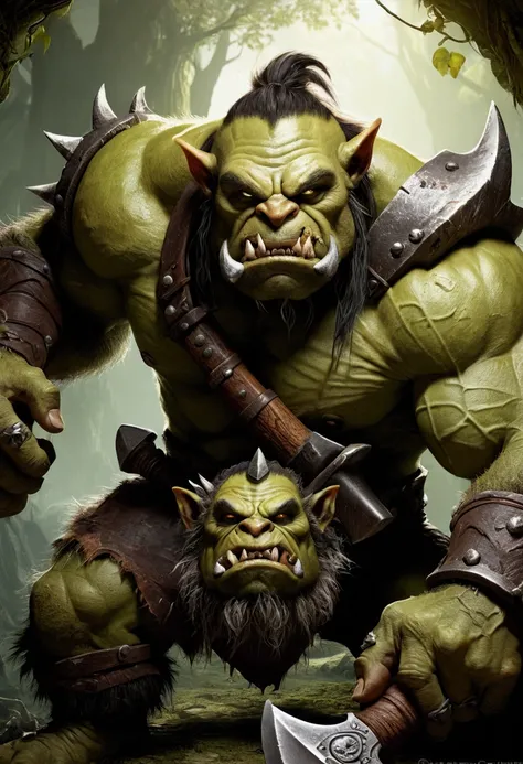 a close up of a cartoon monster with a hammer in his hand, grog strongjaw, dog - faced muscular goblin, orc, an orc, orc themed, menacing orc, ogre, an ork, orc merged with vines, drak fantasy goblin, bugbear, raging bugbear, the hobbit orc concept, orc wa...