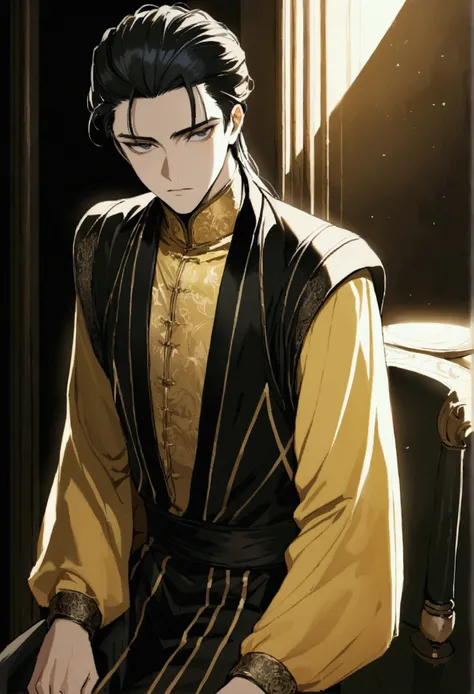 The Emperor was very young, teenager with a cold and intimidating gaze, very handsome and charming, short black hair neatly styled back, height 165 and weight 67 with an elegant black and golden shirt, sitting with dignity and a cold gaze