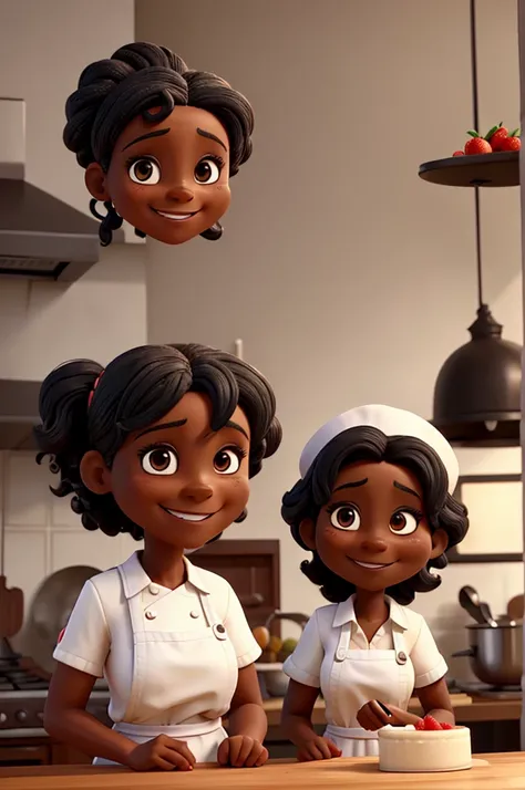 50 year old female character, friendly and smiling, with black skin, black eyes and hair, dressed in white cook uniform and chef cap, making chocolate and strawberry cakes.