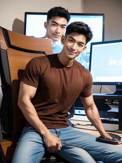 man , Brown t-shirt, jeans, black short hair , outdoor , cute smile , หน้าhandsomeแบบเกาหลีสมจริง , modest muscles , Masterpiece、High resolution、Surreal、detailed face、alone、man、Glowing skin、(Asia)、handsome、(Sitting in the computer room:1.5)