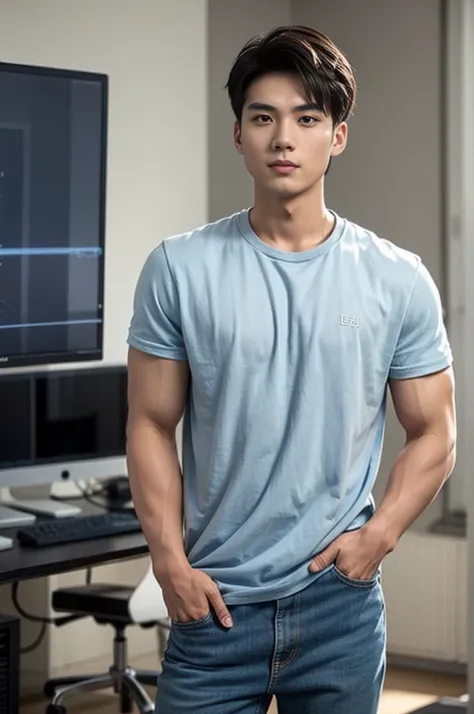 a young asian man stands, handsome, muscular, looking at the camera. in a simple navy blue t-shirt., in the computer room