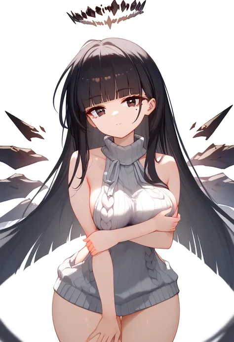 (score_9, score_8_up, score_7_up), 1girl, virtuosabase, cute, (chibi:0.7), black hair, blunt bangs, long hair, broken halo, ener...