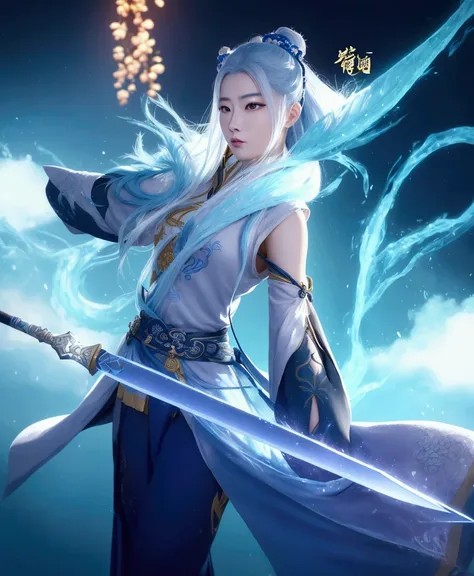 a woman with a sword and a sword in her hand, heise jinyao, inspired by huang shen, xianxia hero, zhao yun, loong, keqing from g...