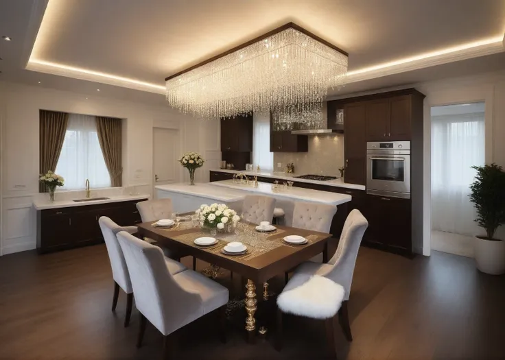 Masterpiece, Best quality,8K, Ultra-high resolution,When you step into the Kitchen and dinning room,Immediately surrounded by a rich atmosphere of luxury。Ornate crystal chandeliers hang high on the wall,Shine brightly。Kitchen island  was covered with a sof...