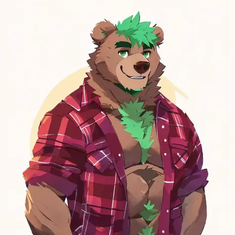 a sexy, caramel brown colored fur and hyper muscular, cute grizzly bear, green hair, green eyes, closed smile, bara body, daddy ...