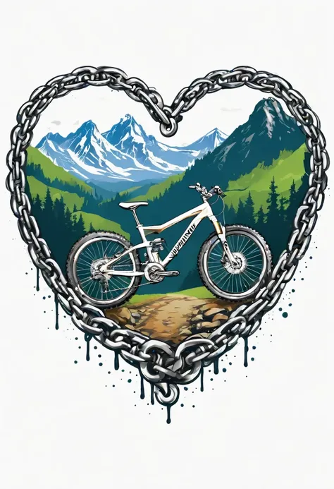 t-shirt design, a chain heart-shaped, mountain bike, text logo: mountainviking, white background