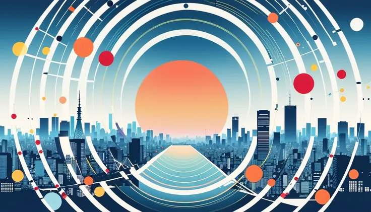 an illustration that evokes the image of tokyo using only circles, triangles, and squares