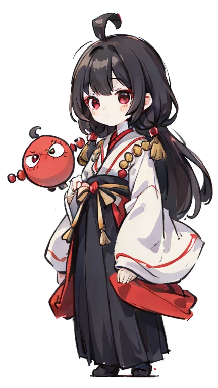 Kokeshi　Primary school students　Young Girl　Little Girl　Height: 130cm　Standing picture Simple design　Black hair okata　Hair is black　Red eyes　Shoulder-baring ahoge　Kokeshi　Deformation　Mini character　Confused eyes　Warframe,Helmet,