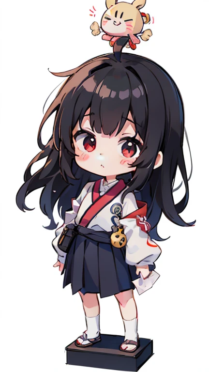 Kokeshi　Primary school students　Young Girl　Little Girl　Height: 130cm　Standing picture Simple design　Black hair okata　Hair is black　Red eyes　Shoulder-baring ahoge　Kokeshi　Deformation　Mini character　Confused eyes　Warframe,Helmet,