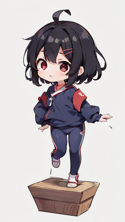 Kokeshi　Primary school students　Young Girl　Little Girl　Height: 130cm　Standing picture Simple design　Black hair okata　Hair is black　Red eyes　Shoulder-baring ahoge　Kokeshi　Deformation　Mini character　Confused eyes　Pitch Resuit　Perfect fitスーツ　Perfect fit　Yoga ...