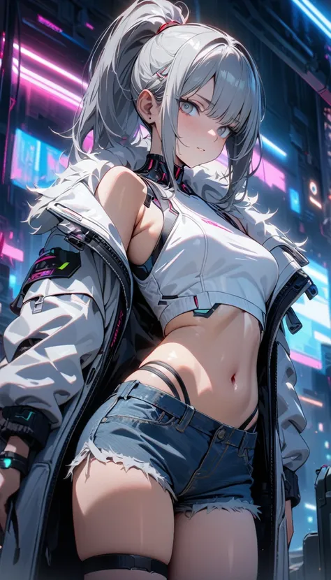 Young girl, short gray hair, gray eyes, high ponytail, cyberpunk, white top, open belly, shorts, furcoat, Masterpiece, best quality, Full HD, 8k, ultra details, great graphic