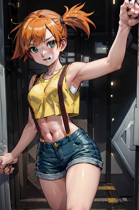 ((masterpiece,best quality)), absurdres,
Misty_Pokemon, yellow crop top, suspenders, side ponytail, 
solo, smiling, looking at viewer, cowboy shot, 
cinematic composition, dynamic pose,